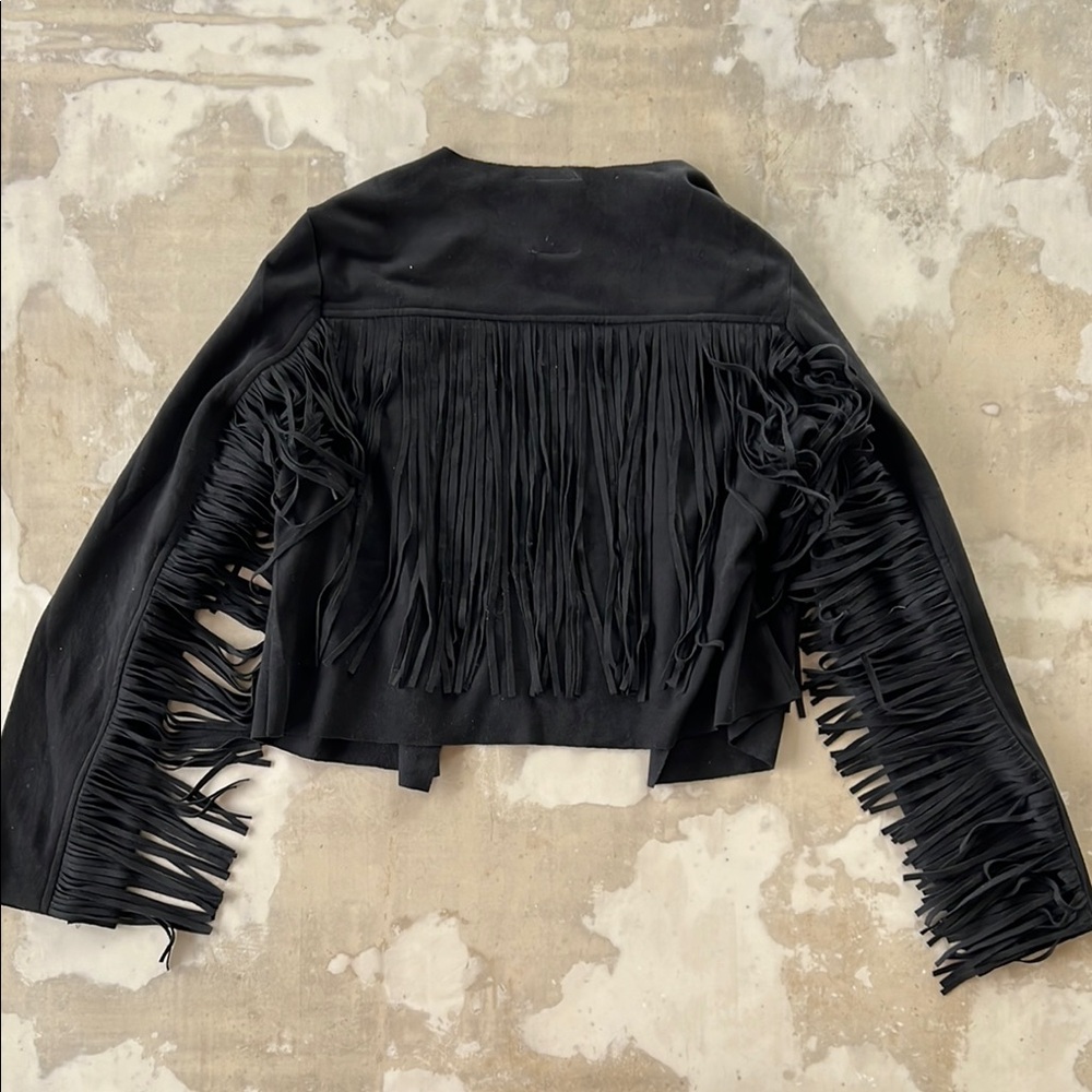 Black Faux Suede Fringe Jacket
